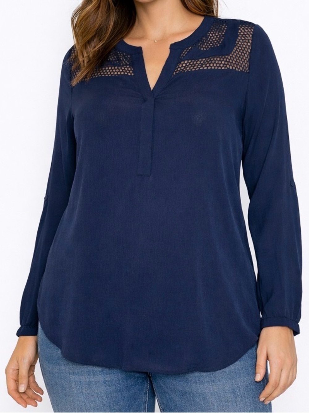 Daniel Rainn black long sleeve lightweight V neck 1/4 button down blouse SZ S